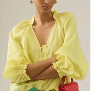 Maeve Light Yellow Button-Front Linen Blouse XS